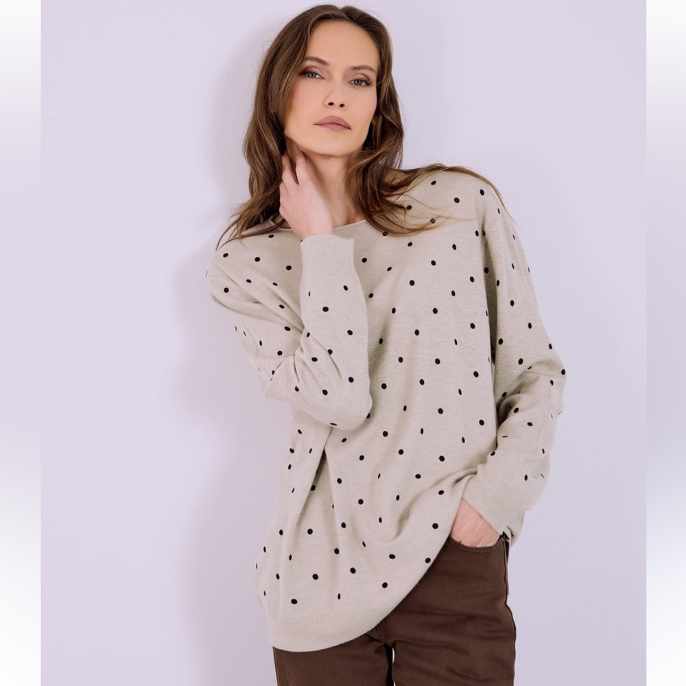 ANN TAYLOR Dotted Boat Neck Sweater 3/4 Sleeves Tan Black S Small $89 EUC KL